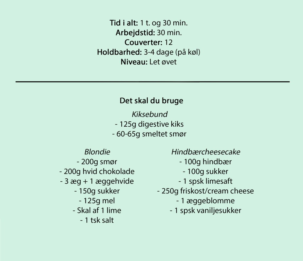 Tid i alt: 1 t. og 30 min.
Arbejdstid: 30 min.
Couverter: 12
Holdbarhed: 3-4 dage (på køl)
Niveau: Let øvet
Ingredienser:
Kiksebund
- 125g digestive kiks
- 60-65g smeltet smør
Blondie
- 200g smør
- 200g hvid chokolade
- 3 æg + 1 æggehvide
- 150g sukker
- 125g mel
- Skal af 1 lime
- 1 tsk salt
Hindbærcheesecake
- 100g hindbær
- 100g sukker
- 1 spsk limesaft
- 250g friskost/cream cheese
- 1 æggeblomme
- 1 spsk vaniljesukker