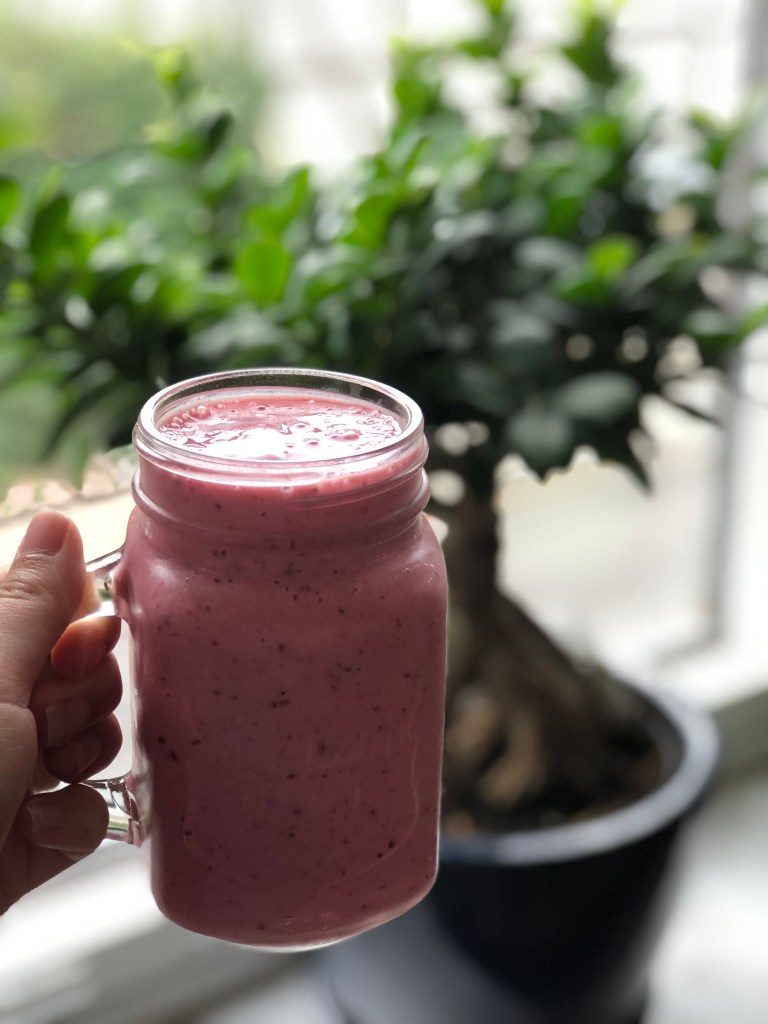 Pink smoothie with a view.