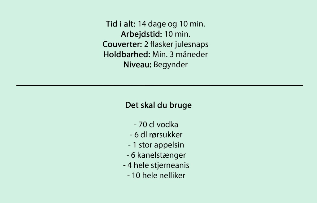 Tid i alt: 14 dage og 10 min.
Arbejdstid: 10 min.
Couverter: 2 flasker julesnaps
Holdbarhed: Min. 3 måneder
Niveau: Begynder

Det skal du bruge

- 70 cl vodka
- 6 dl rørsukker
- 1 stor appelsin
- 6 kanelstænger
- 4 hele stjerneanis
- 10 hele nelliker