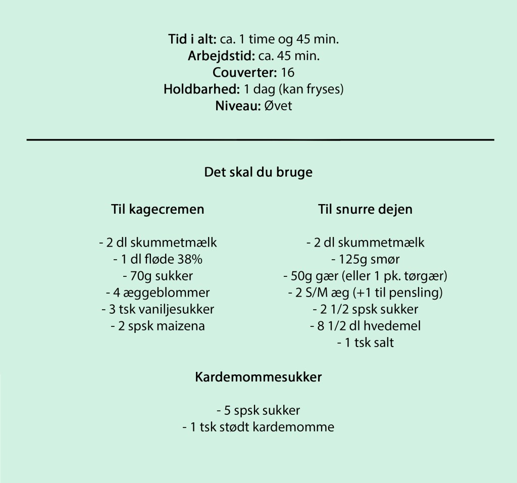 Tid i alt: ca. 1 time og 45 min.
Arbejdstid: ca. 45 min.
Couverter: 16
Holdbarhed: 1 dag (kan fryses)
Niveau: Øvet

Det skal du bruge

Til kagecremen

- 2 dl skummetmælk
- 1 dl fløde 38%
- 70g sukker
- 4 æggeblommer
- 3 tsk vaniljesukker
- 2 spsk maizena

Til snurre dejen

- 2 dl skummetmælk
- 125g smør
- 50g gær (eller 1 pk. tørgær)
- 2 S/M æg (+1 til pensling)
- 2 1/2 spsk sukker
- 8 1/2 dl hvedemel
- 1 tsk salt

Kardemommesukker

- 5 spsk sukker
- 1 tsk stødt kardemomme