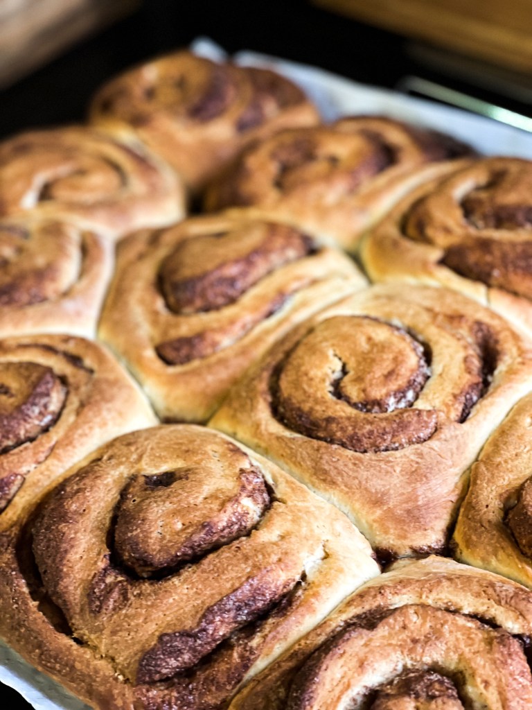 Freshly baked cinnamon rolls, seen from an angle. The surface of the rolls is caramelized and the crumb looks tender.