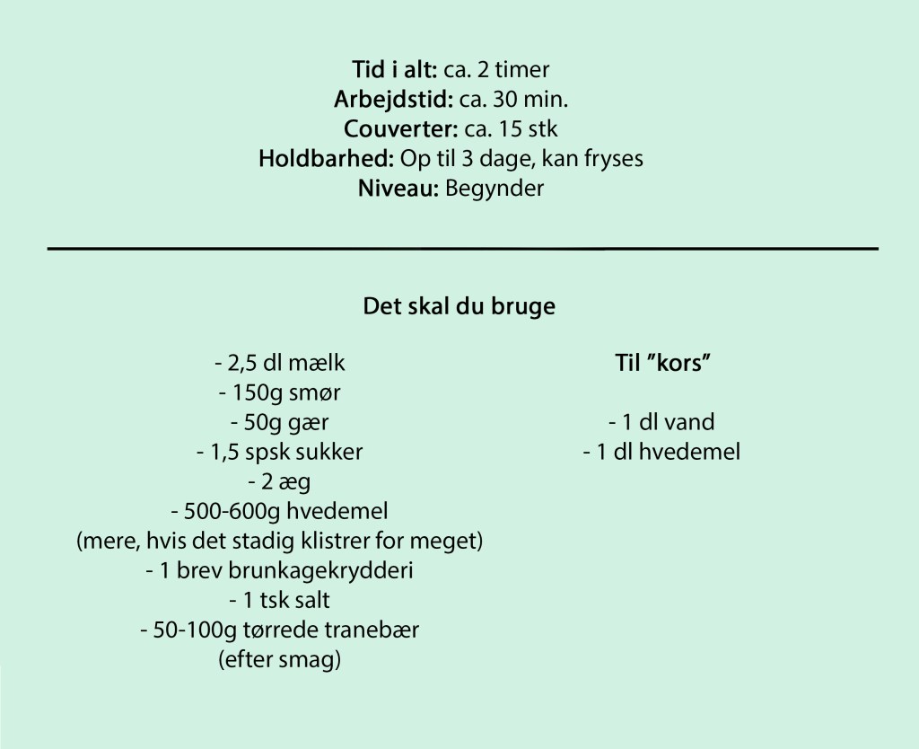Tid i alt: ca. 2 timer
Arbejdstid: ca. 30 min.
Couverter: ca. 15 stk
Holdbarhed: Op til 3 dage, kan fryses
Niveau: Begynder
Det skal du bruge
Til boller:
- 2,5 dl mælk
- 150g smør
- 50g gær
- 1,5 spsk sukker
- 2 æg
- 500-600g hvedemel
(mere, hvis det stadig klistrer for meget)
- 1 brev brunkagekrydderi
- 1 tsk salt
- 50-100g tørrede tranebær
(efter smag)
Til ”kors”
- 1 dl vand
- 1 dl hvedemel